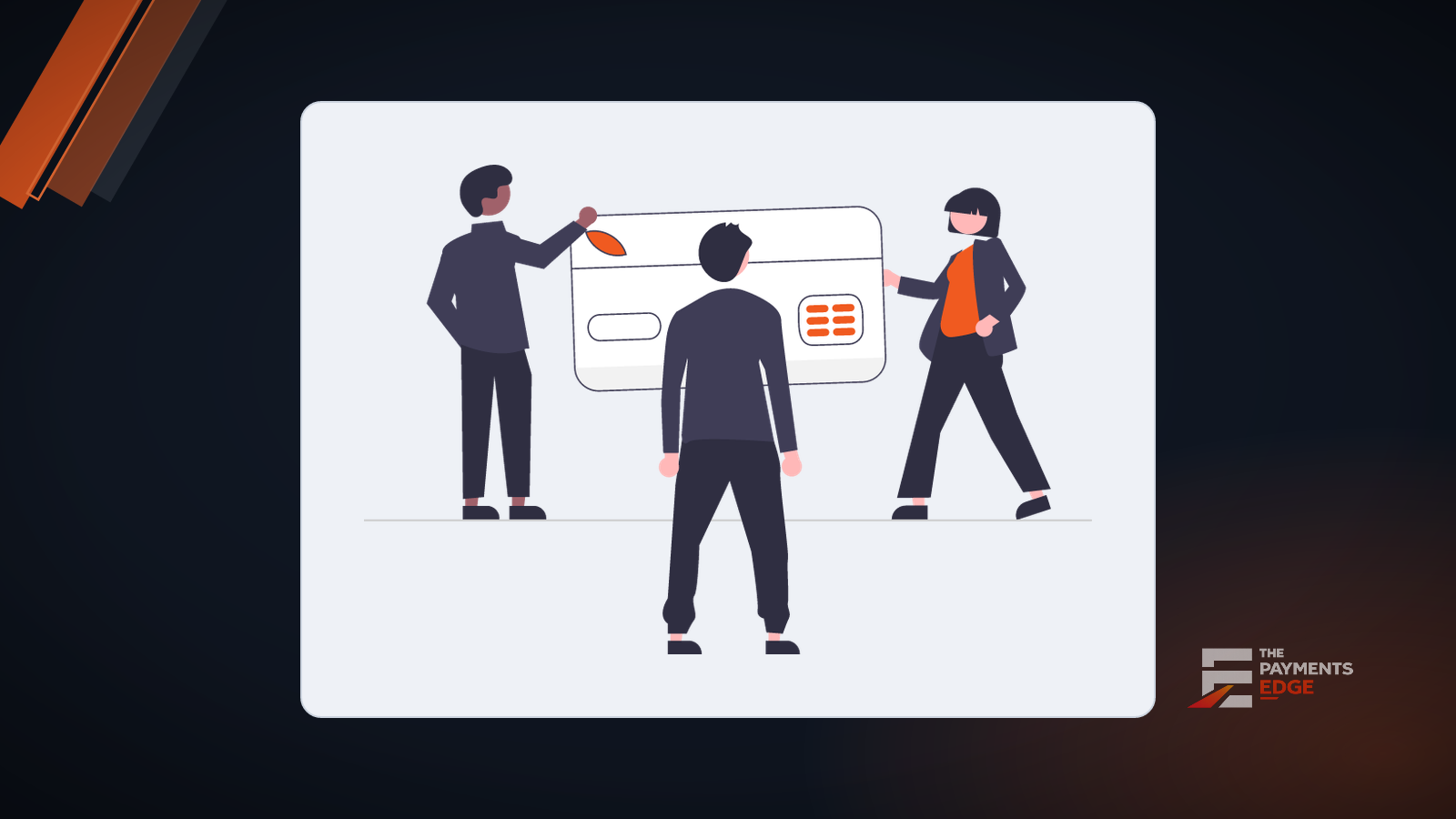 Three figures around a credit card representing a disputed payment transaction